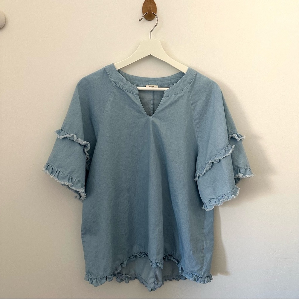 JODIFL Sky Blue Ruffle Trim Blouse